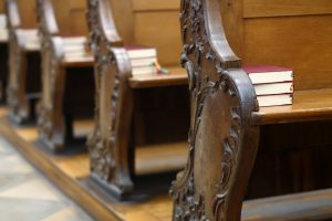 Church Detail of the church seats with Bibles
